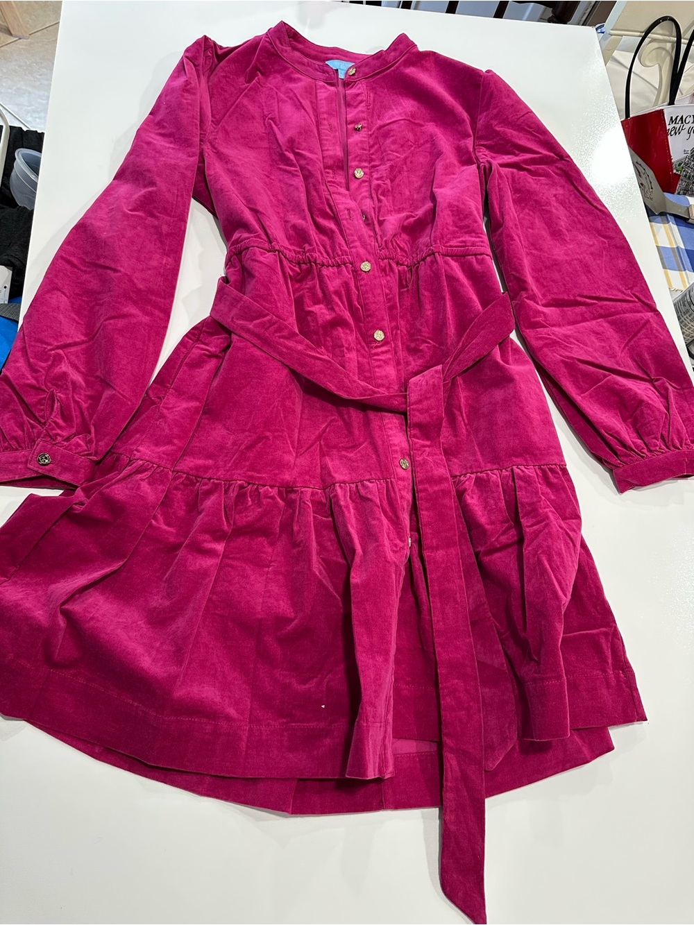Draper James Magenta Corduroy Belted Shirt Dress